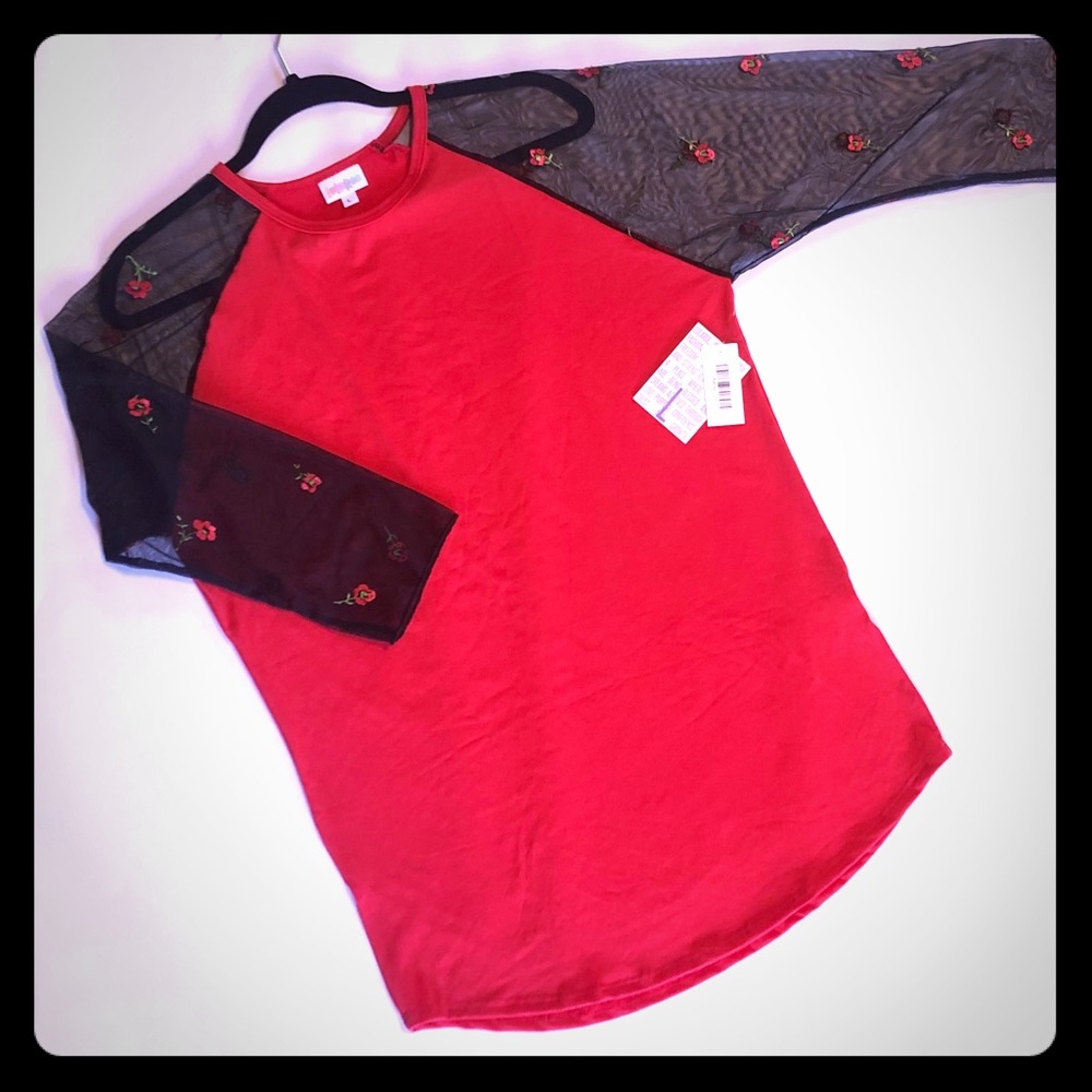 Lg True Red Randy Sheer/ Lace Embroidered Sleeves
